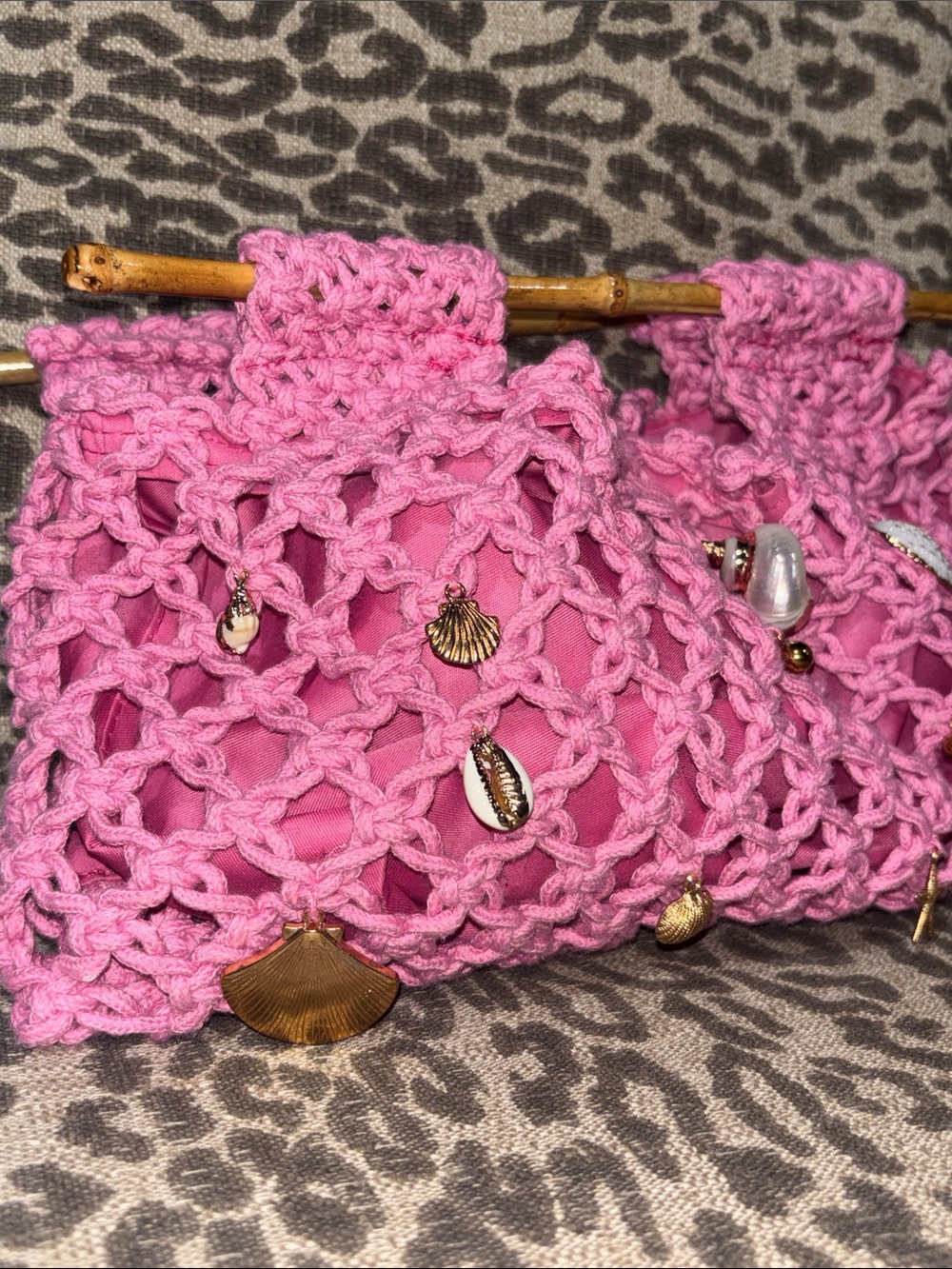 Pink crochet seashell clutch small gold ocean charm beach nautical coastal purse
